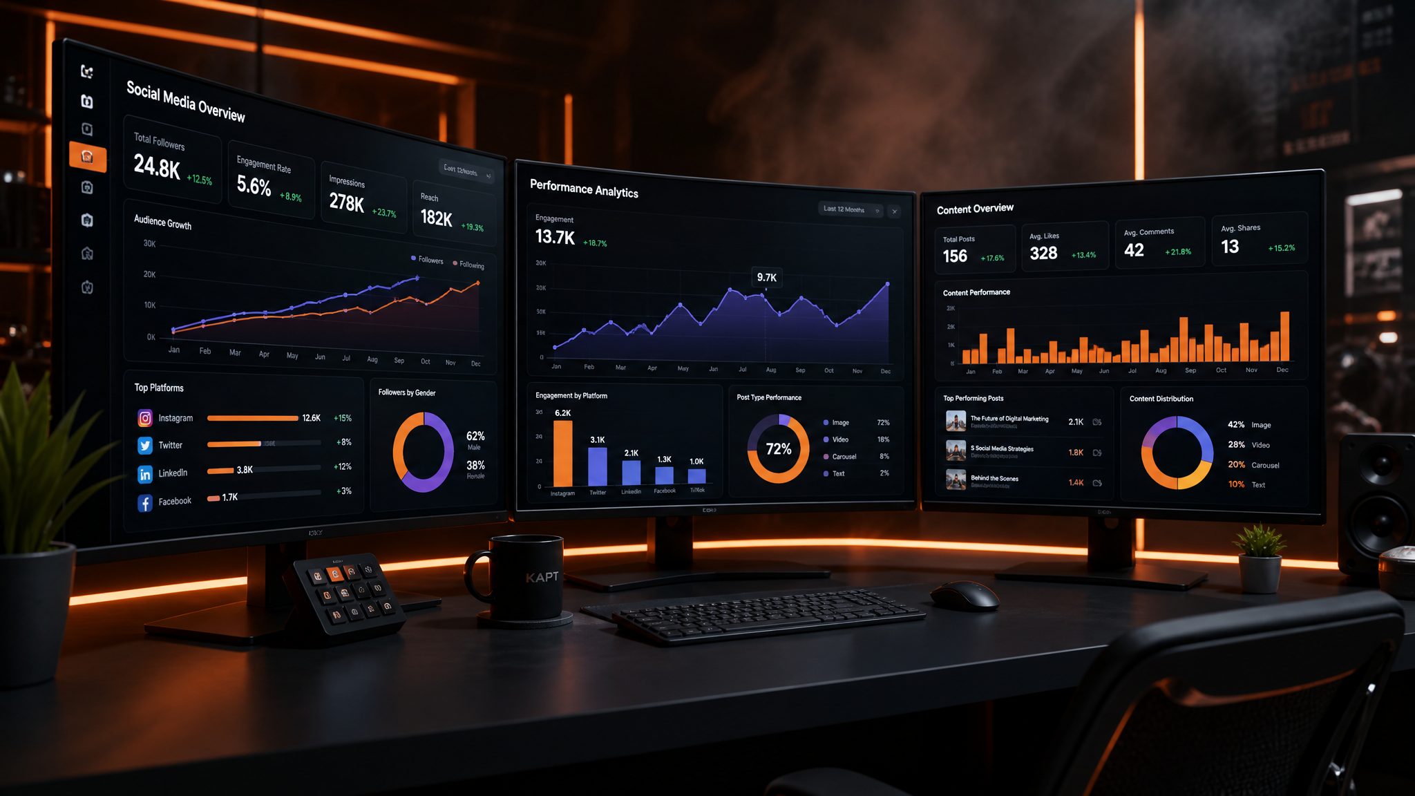 Ambiente criativo de agência digital com múltiplas telas e dashboards
